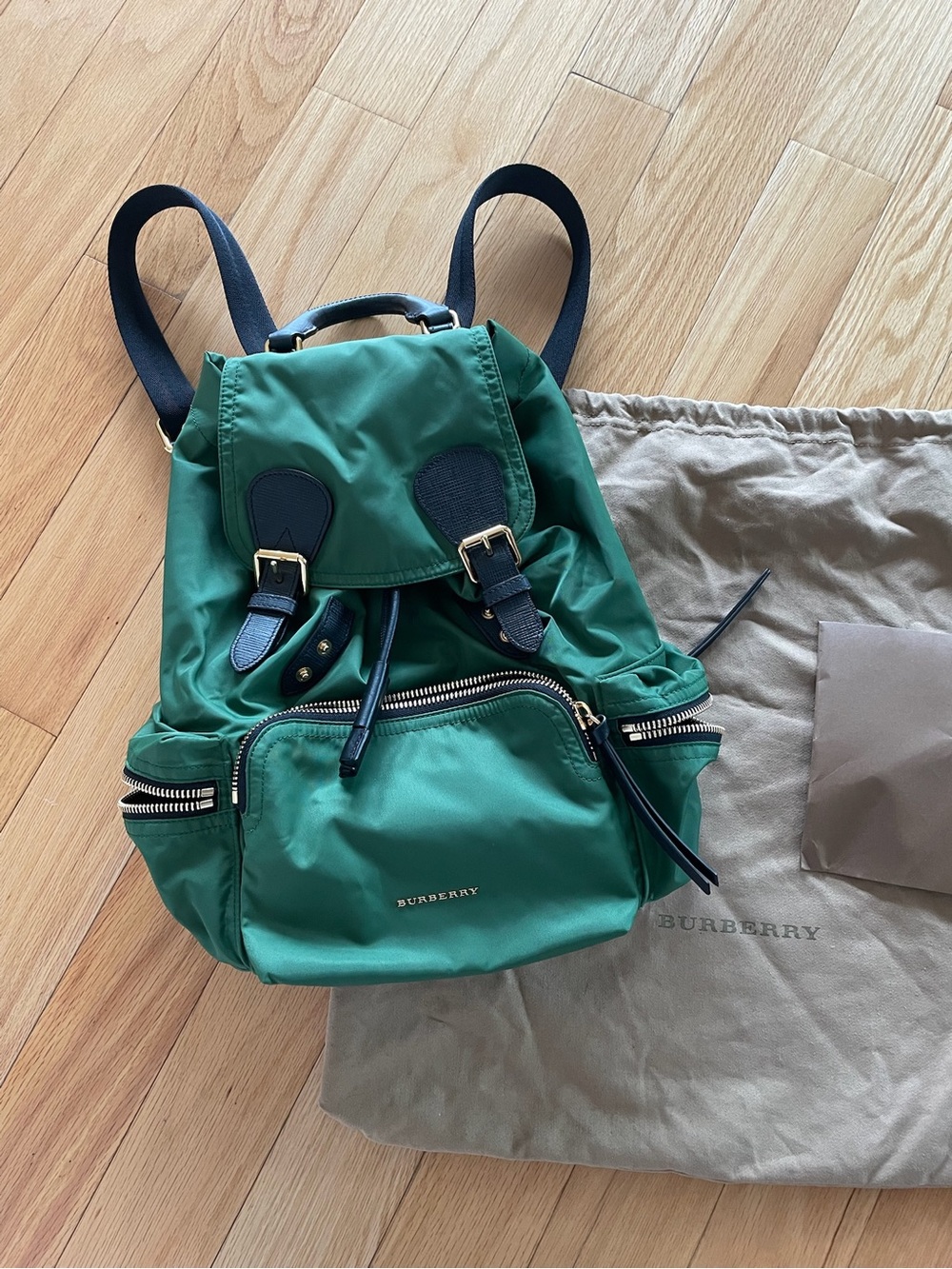 Burberry Emerald Green Nylon Backpack with Black Trim